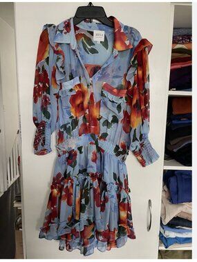 Misa Los Angeles Enya Mini Sheer Ruffle Dress Smocked Blue Floral Size XS